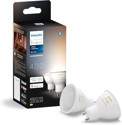 Philips Hue White Ambiance, Faretto LED Smart GU10, Luce Bianca da calda a fredda, 400lm, Compatibile con Bluetooth, Controllo vocale con Alexa, Apple Home e Google Assistant, pack da 2
