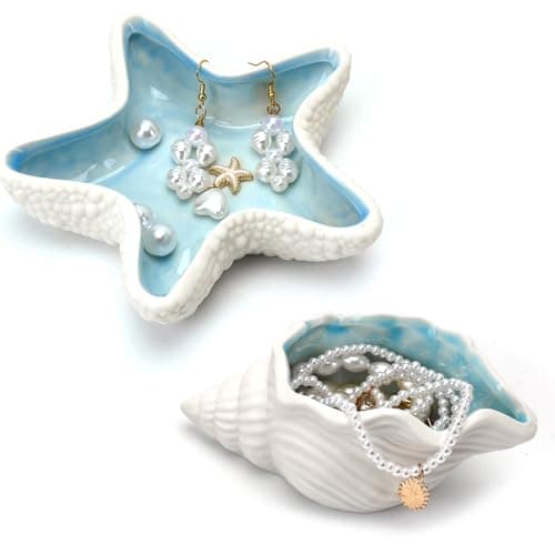 2 Pzs Bandejas para Dejar Joyas Cuenco de Cerámica Decorativo Plato de Joyería, Organizador de Llaves Anillos Collares Adornos Pequeños Trinket, Formas de Conchas y Estrellas de Mar (12.5-13.5CM)