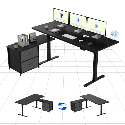 FLEXISPOT Escritorio Elevable Eléctrico en Forma L 160 x 70 cm Escritorio Regulable en Altura en Forma de L con Cajones Reversibles y Espacio de Almacenamiento Escritorio Negro