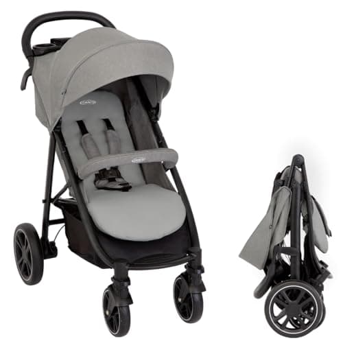 Graco Passeggino Leggero EezeFold DLX | Passeggino da Viaggio Leggero con Meccanismo di chiusura a una mMno, sospensioni a 4 ruote, posizione reclinabile piatta e ampio cestello – Grigio Lunare