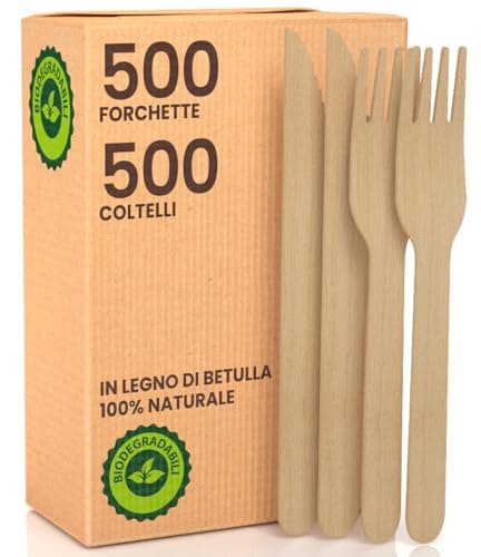 Set Posate Ecologiche in Legno di Betulla 500 Forchette + 500 Coltelli - Monouso 100% Naturali Biodegradabili e Compostabili Usa e Getta