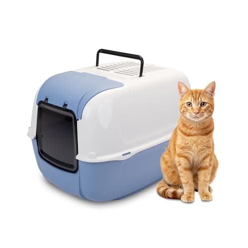 Ferplast Hooded Cat Litter Tray Box, PRIMA Cat Toilet Box with Door and 2 Activated Carbon Filters against bad odors, 39,5 x 52,5 x 38 cm., light blue