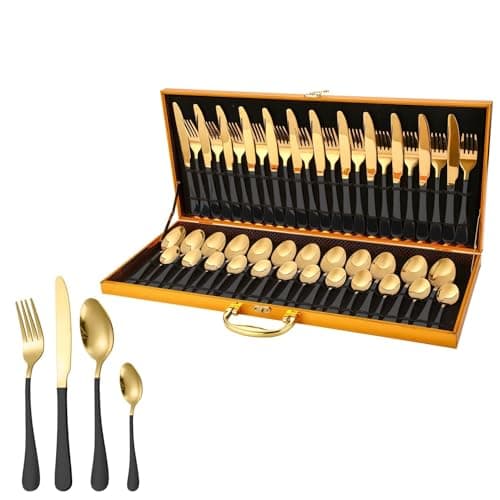 48-Piece Stainless Steel Cutlery Set in Wooden Box for 12 People - Includes Steak Knives, Forks, and Spoons for Home and Hotel Use