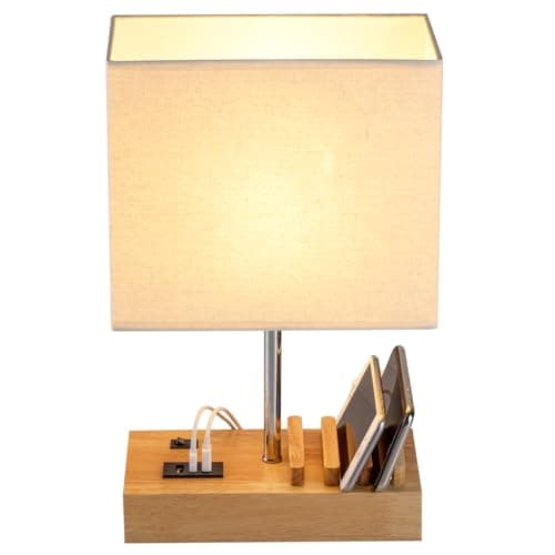 Dreamholder Table Lamp with 3 USB A+C Ports, 3 Phone Stands, Modern USB Bedside Lamp for Bedroom, Living Room, Office, Bedside Lamp with Natural Wood Base & Fabric Shade