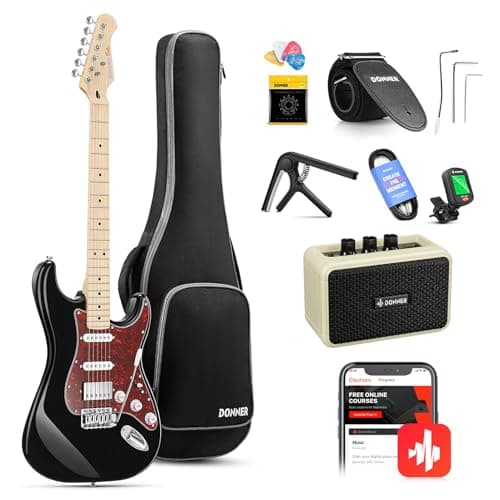 Donner Guitarra Electrica, Pack Guitarra Electrica de Tamaño Completo HSS Pickup Coil Split, Kit Guitarras Eléctricas con Amplificador, Accessories, DST-152B Negro