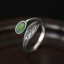 Federring, Vintage 925 Sterling Silber, grüne Jade, offene, verstellbare Ringe für Damen, Größe 6 bis 8,5 - 8