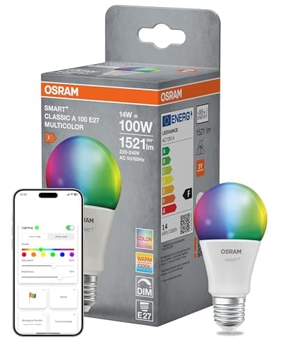 OSRAM Lampada LED SMART+ Matter A100 forma lampadina 14W E27 RGBW, dimmerabile, controllo tramite app e voce, compatibile con WiFi, Alexa e Google, alta efficienza