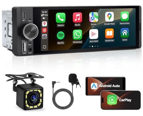 1 DIN Autoradio mit Wireless CarPlay & Android Auto, 6,36 Zoll Auto Radio mit Bildschirm, Rückfahrkamera, FM, Bluetooth, Freisprecheinrichtung, Aux-Eingang, Lenkradsteuerung, Equalizer, Mirror Link