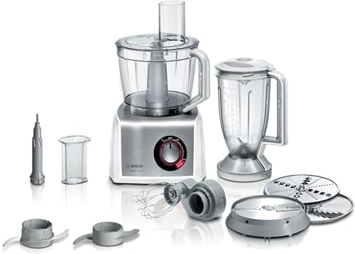Bosch Robot da Cucina Compatto MC812S814, 45 Funzioni, 1250 W, Velocità Regolabile, Ciotola XXL da 3.9L, Frullatore da 1.5 L Incluso, Accessori per Tagliare, Macinare, Impastare, Grattugiare, Bianco