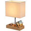 Dreamholder Tischlampe mit 3 USB A+C Anschlüssen, 3 Telefonständer, Moderne USB Nachttischlampe für Schlafzimmer, Wohnzimmer, Büro, Nachttischlampe mit Naturholzsockel & Stoffschirm - 5