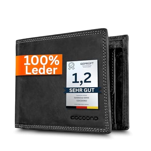 Cocoono Geldbörse aus Echtleder mit RFID-Schutz – Klassisches Portemonnaie/Geldbeutel Herren mit Münzfach, Reißverschlussfach & Kartenfächern – Robustes Leder Portmonee Herren in (Schwarz, 12cm)