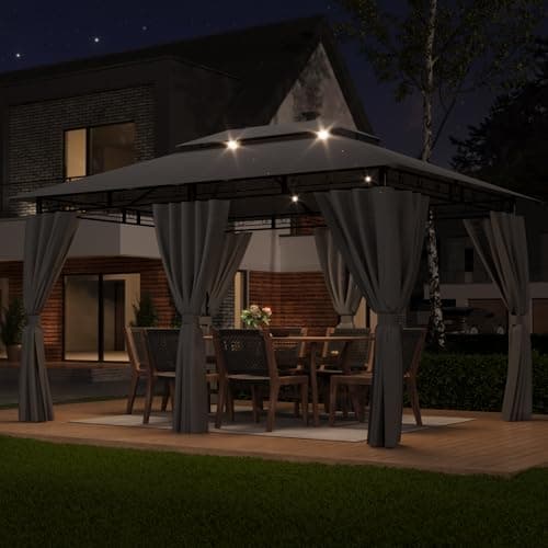 TRIUMPHKEY Pavillon 3x4 Wasserdicht Stabil Winterfest, Garten Pavillion mit seitenwänden, UV-Schutz 50+, Plane Gartenlaube, Metallrahmen Pavillon, Patio Gazebo, Grau mit LED