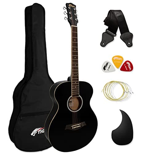 TIGER ACG2-BK Chitarra acustica full size 4/4 con corde in acciaio per principianti - La confezione include custodia, tracolla, piastra antigraffio e corde di ricambio - Nero