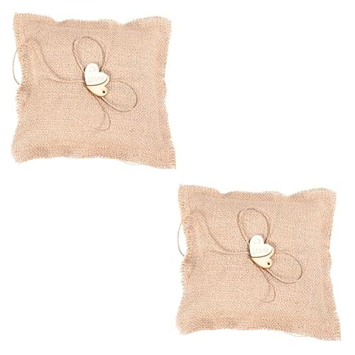 Garneck 2 Cuscini Portafortuna in Juta Fatti A Mano 18x18 Cm Con Cuori in Legno Per Cerimonia Nuziale
