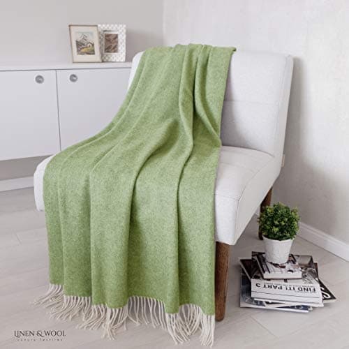 Linen & Cotton Soft Merino Wool Throw/Blanket STONEWOLD in Herringbone Design - 100% Fine Merino Wool, Green (140 x 200cm (55'' x 80''), Sofa Bed Couch Settee Warm Lambswool Plaid/Bedspread