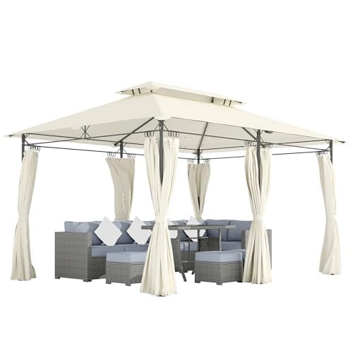 Outsunny Pavillon 4x3 m Stabil Winterfest Gartenpavillon mit Doppeldach 6 Seitenteile Ablauflöcher, Garten Pavillon aus Metall, für Garten, Terrasse, Cremeweiß