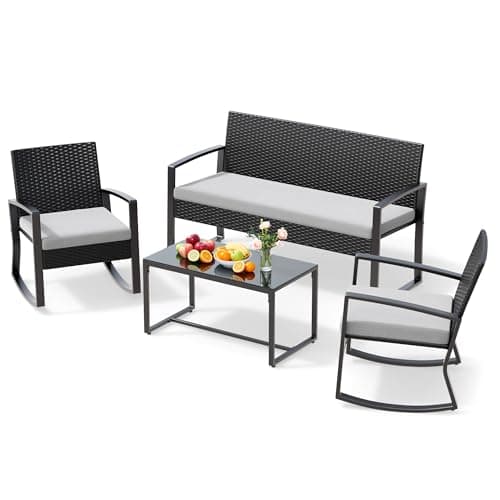 Xbro Conjunto Jardin Exterior de Ratán, Muebles Jardin Exterior para 4 Personas con Mesa de Vidrio 1 Sofa Exterio y 2 Sillas, para Patios, Jardines y Espacios al Aire Libre (Gris)