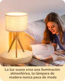 EDISHINE Lámpara de Mesa de Madera, Lámpara de Noche con Trípode, Casquillo E27, Pantalla de Lino Beige Vintage para Oficina, Sala de Estar, Dormitorio, LED Bombilla Incluida - 5