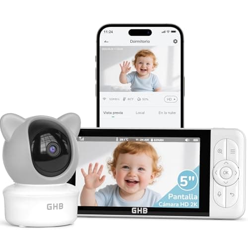 GHB Camara Vigilancia Bebe App WiFi 2K 5 Pulgadas Vigilabebes con Camara PTZ 350°/65° Detección de Movimiento/Sonido/Temperatura/Humedad Visión Nocturna 4XZoom VOX Control de Monitor y Movil
