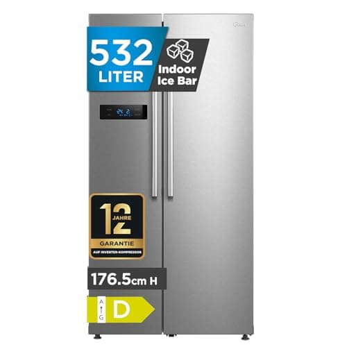 Midea Side-by-Side Kühl-Gefrierkombination 532 L mit Indoor Ice Bar | No Frost, Inverter Kompressor, 256 kWh/Jahr | Twin Control & SuperCool | 176,5 cm hoch | MERS530FGD02