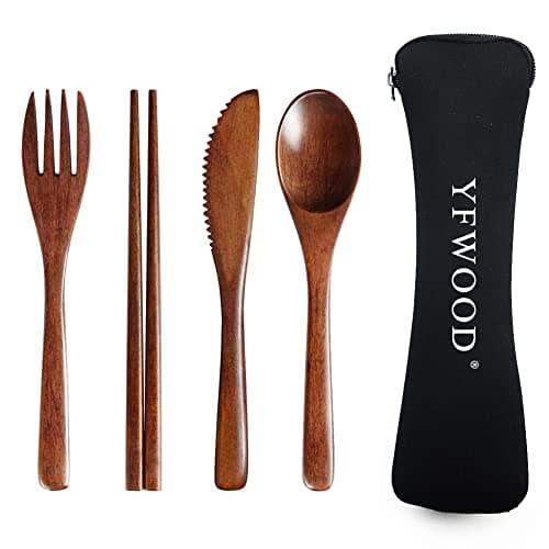 Set di posate in legno, 4 posate riutilizzabili in stile giapponese con 1 cucchiaio, 1 forchetta, 1 bacchette, 1 coltello in legno con sacchetto, posate da viaggio per cucina, casa, ufficio