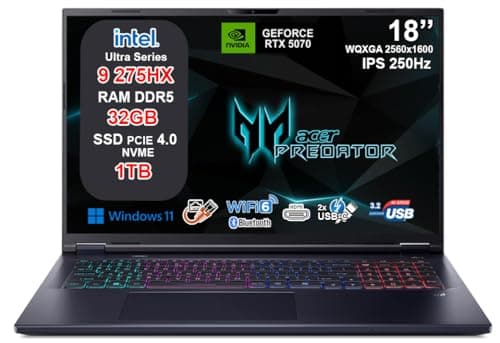 Acer Predator Helios Neo 18 AI Gaming Notebook, Intel Core Ultra 9 275HX, RTX 5070 8GB GDDR7, 32GB DDR5 6400MHz, SSD 1TB, Display 18" MiniLED WQXGA 250Hz, Thunderbolt 4, 2.5G LAN, Wi-Fi 6E, RGB 4 Zone