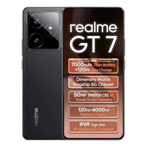 realme GT 7 5G Smartphone 12+256GB, Nero IceSense, Schermo da 6.78 pollici, Refresco a 120Hz, Battery da 7000mAh, Photo Camera da 50MP 2X, Chipset MediaTek Dimensity 9400e, IP69