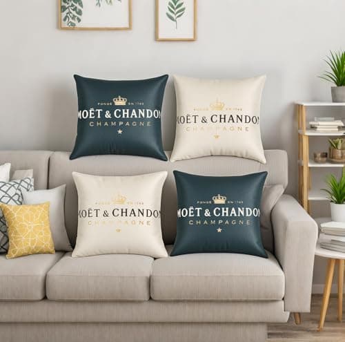 Federa Cuscini Divano，Copricuscini Decorativi Champagne e Nera 45 X 45 cm set da 4 Pezzi Cotone Lino Cuscino in Tinta Unita Cuscino del del Divano Bracciolo realizzato in tessuto di lino naturale