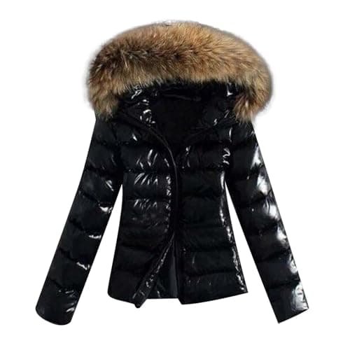Generisch Winterjacke Damen Schwarz Glänzende Daunenjacke Verdickte Daunenmantel Mit Fellkapuze Puffer Jacke Warme Gesteppter Dicke Steppjacke Pufferjacke