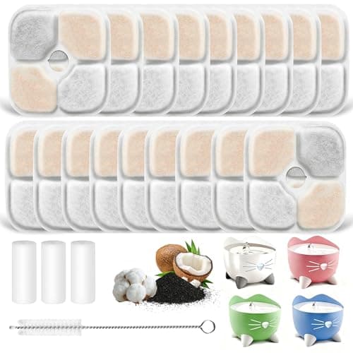 YeeQo 18 filtri fontanella per gatti e 3 tubi per Catit Pixi (2,5L), adatti per Catit 43722, 43717. Triplo sistema di filtrazione con carbone attivo e resina, filtro ad alta efficienza