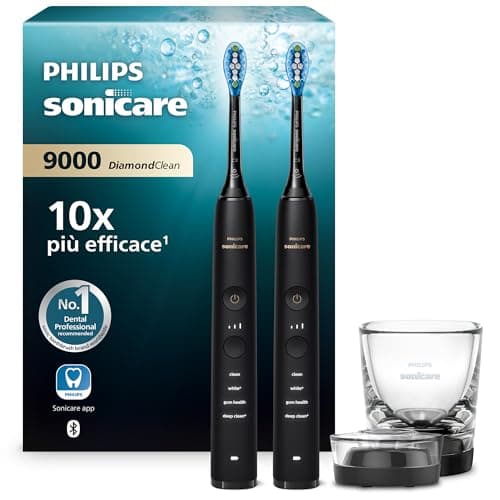 Philips Sonicare DiamondClean 9000 spazzolino elettrico sonico con app, sensore di pressione, 4 modalità di pulizia, bicchiere di ricarica, colore nero, confezione doppia, modello HX9914/54