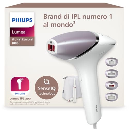 Philips Lumea 8000 Series, dispositivo di epilazione IPL, alternativa ai dispositivi di epilazione laser, con tecnologia SenseIQ, 4 accessori per corpo, rifinitore a penna Satin Compact, BRI949/00