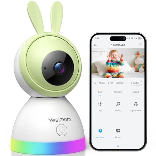 YESIMOM Baby Monitor, 360°PTZ 1080P Telecamera Wi-fi Interno per Bambini Videocamera Sorveglianza Interno per Neonato, Visione Notturna, Rilevamento Intelligente, Luce Notturna & Ninne Nanne