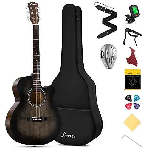 Donner Chitarra Acustica 4/4 per Adulto Principiante Chitarra Acustica Cutaway Kit con Pickup Mini Jumbo 40 Pollici con Borsa Cinghia Corde Capo Plettri Nero