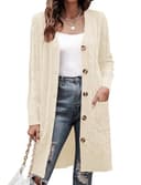 Aottori Cárdigan Mujer Punto Largo Manga Larga Suéter Chaqueta Botones Bolsillos Suéter Chaqueta Casual Elegante Abrigo Frente Abierto Otoño Invierno Albaricoque M - 1