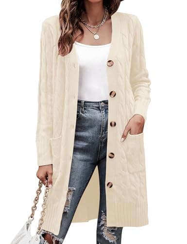 Aottori Cárdigan Mujer Punto Largo Manga Larga Suéter Chaqueta Botones Bolsillos Suéter Chaqueta Casual Elegante Abrigo Frente Abierto Otoño Invierno Albaricoque M