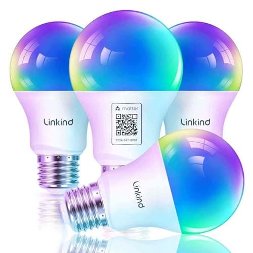 Linkind Matter Smart RGBTW Bombilla, WiFi LED E27, Bombilla Multicolor RGB/RGBTW 1800K-6500K, Compatible con Alexa Google Home, 9W equivalente a 60W, paquete de 4