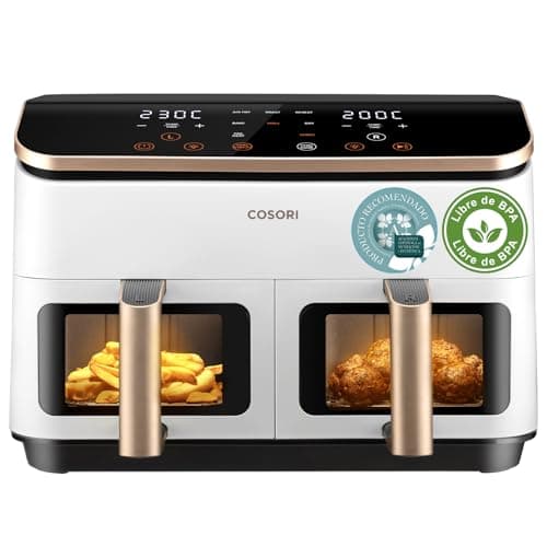 Cosori Grande Freidora de Aire-True Metal-8,5 Litro Doble Cesta Air Fryer-Alta Potencia y 55 % Eficiencia Energética-Temperadura Dual（35-230℃）-10 Modos-Panel Táctil Multifunción-Máx 10 Personas-Blanca
