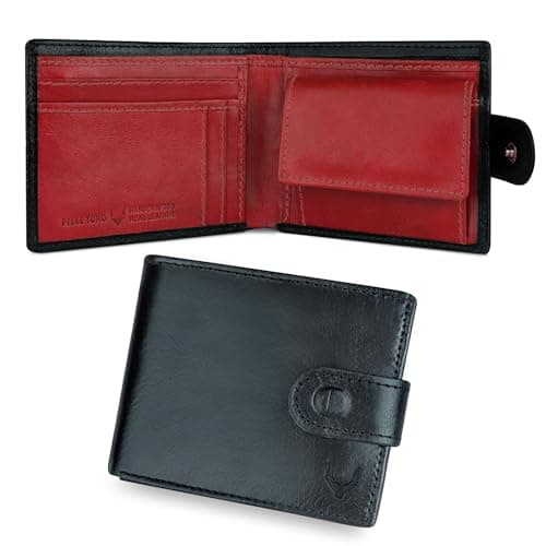 Pelle Toro All-in-One Handmade Mens Wallet, RFID Blocking with Coin Pocket, Fine Leather Card Wallet for Men with 8 Slots and Zip Section, in Wooden Gift Box, Black & Red