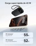 Baseus Powerbank 45W 20000mAh con 2 Cables USB-C Integrados, Power Bank PD3,0 QC4,0 Baterías Externas Carga Rapida, 3 C 1 A, Cargador Portátil para iPhone 17/16/15 Pro MAX, Samsung, Negro - 2