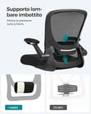 SONGMICS Sedia da Ufficio Girevole, Sedia di Rete da Computer Ergonomica, Supporto Lombare, Oscillante, Seduta 53 cm, Braccioli Pieghevoli, Nero OBN37BK - 10