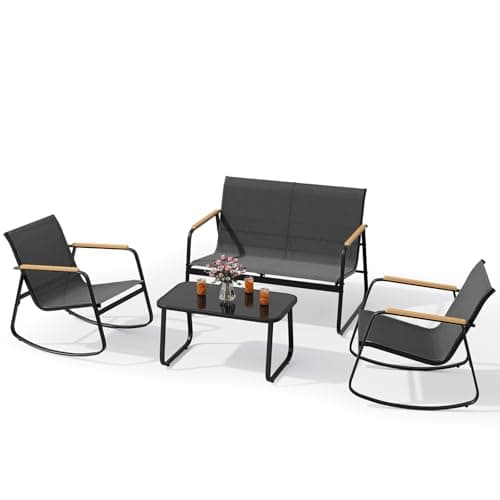 Xbro Set Mobili da Giardino 4 Posti, Set da Conversazioni in Tessuto Teslin, 2 Poltrone 1 Panca Doppia 1 Tavolo in Vetro, Struttura in Acciaio per Terrazzi Giardini Spazi Esterni