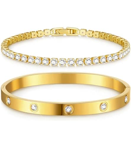 T TAKONE Tennisarmband Damen Set – 2PCS Glitzer Bracelet Aus Edelstahl Mit Cubic Zirkonia, 18cm Lang, Elegantes Geschenk für Frauen (Gold)