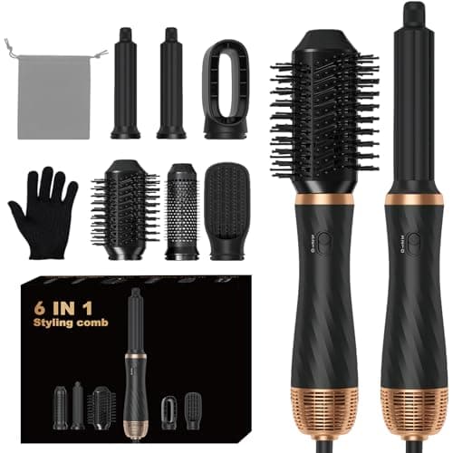 Hair Styler 6 in 1, Airstyler Haarstyler Set mit Rundbürstenföhn, Warmluftbürste, Airflow Lockenstab Automatisch, Haartrockner, Haarglätter Bürste für Glätten, Trocknen, Volumen, Locken