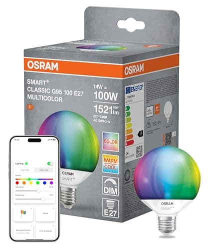 OSRAM Lampada LED SMART+ Matter G95 a forma di globo 14W E27 RGBW, dimmerabile, controllabile tramite app e comando vocale, compatibile con Alexa, Google, Apple, WiFi