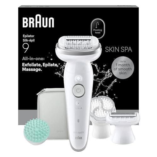 Braun Silk Epil 9 SkinSpa, Epilatore Con Testina Flessibile, Rasoio Elettrico Donna, Wet&Dry, Pelle Liscia A Lungo, Spazzola Esfoliante, Accessorio Massaggiante, Testina Radente, Cappuccio Regolatore