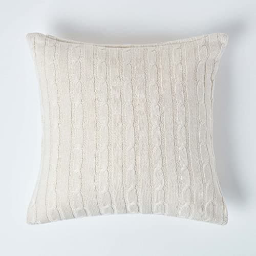 Homescapes Kissenhülle für Zierkissen/Sofakissen mit Strick-Zopfmuster, quadratischer Zierkissenbezug aus 100% Baumwolle (Creme)