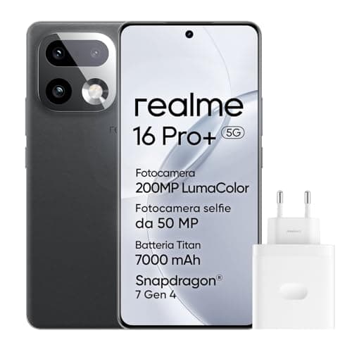 realme 16 Pro+ 5G Smartphone, 12+512GB, Fotocamera 200MP OIS, Obiettivo Ritratto 50MP, Batteria 7000mAh, Display Curvo 6,8" 144Hz, Ricarica 80W, Funzioni AI, Dual SIM, Grigio(con Adattatore)