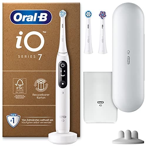 Oral-B iO Series 7 Plus Edition Electric Toothbrush, Plus 3 Replacement Toothbrush Heads, 5 Cleaning Modes for Dental Care, Travel Case, Designed by Braun, White Alabaster