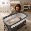Moby-System Babybett Mili – Reisebett 0–6 Monate, Klappbar mit Matratze, Netzseiten, Stauraum, Rollen mit Bremse, Leicht & Stabil, Grau, Neugeborene, Beistellbett ohne Bohren, 9 kg Max. - 6